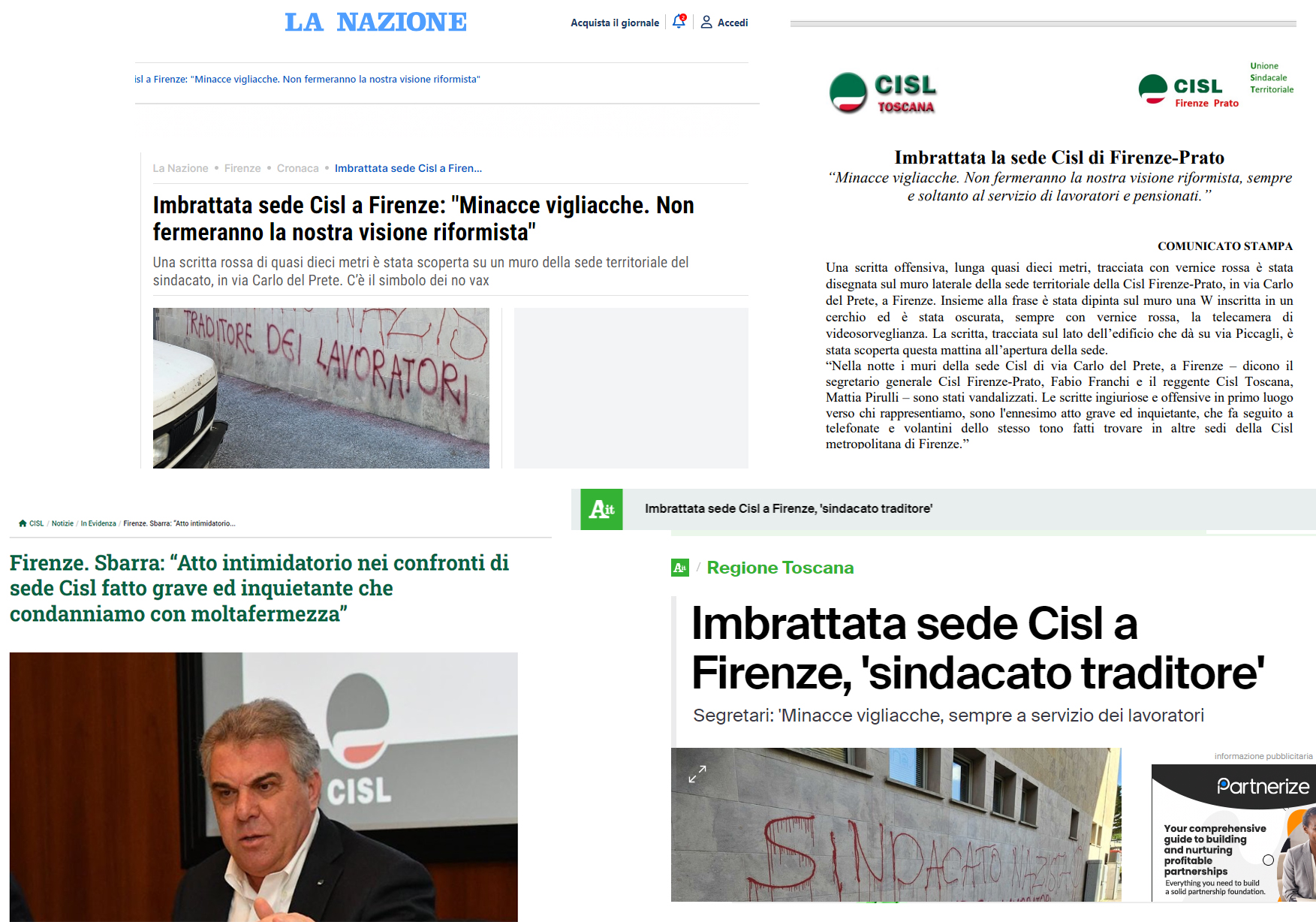 Imbrattata la sede Cisl